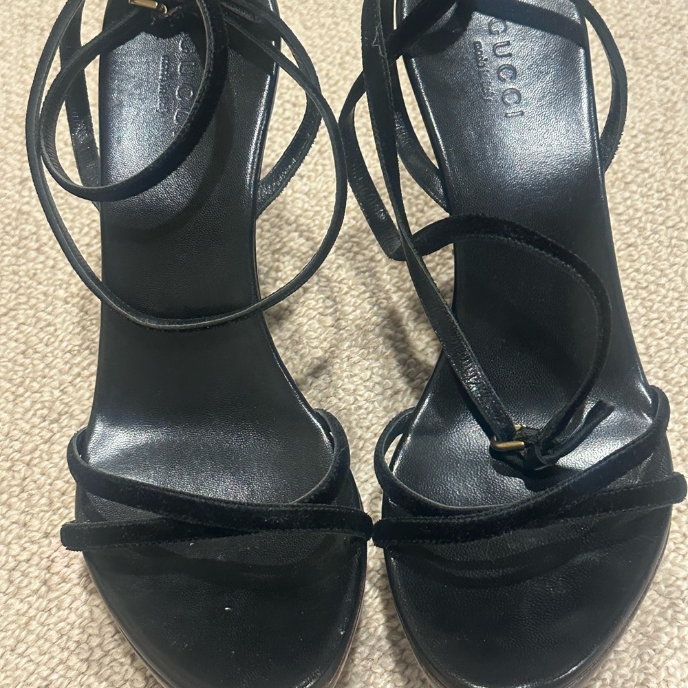 Gucci Black Strappy Wedge Sandals